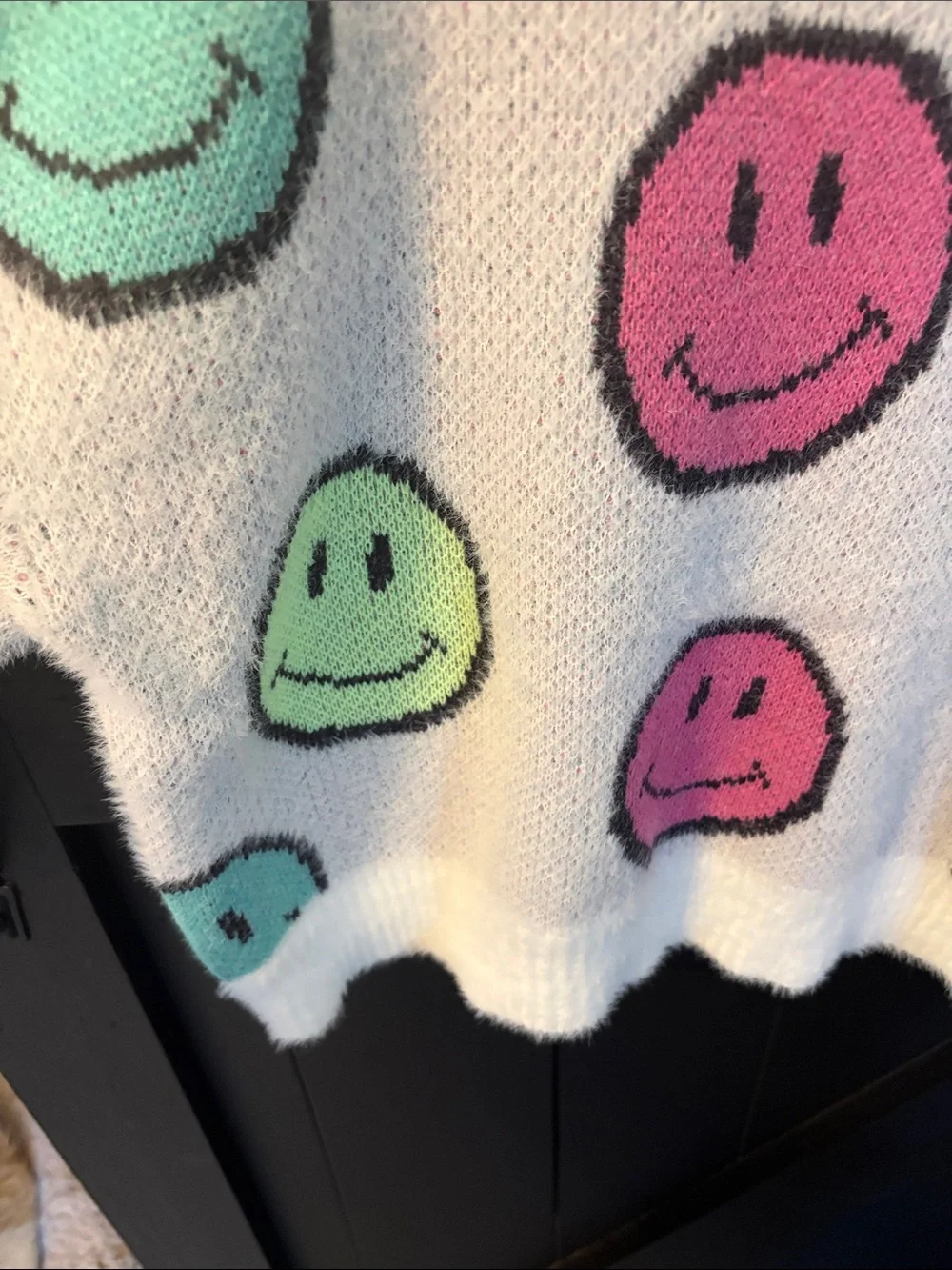 Justice White Fuzzy Sweater with Pink, Mint and Lime Smiley Faces